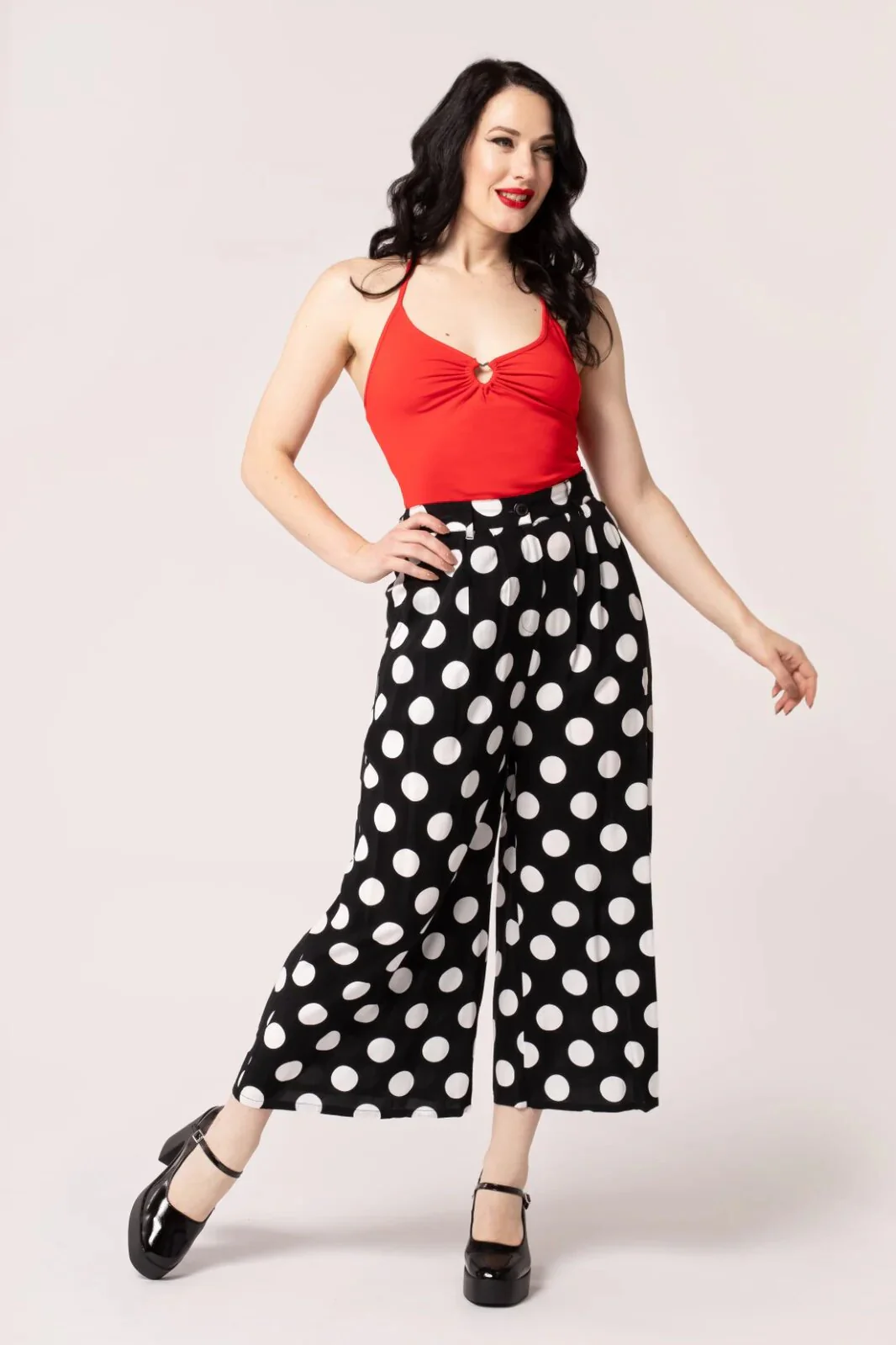 Hell Bunny Dolores Polkadot Pantalon Palazzo Années 40 Noir – Image 3