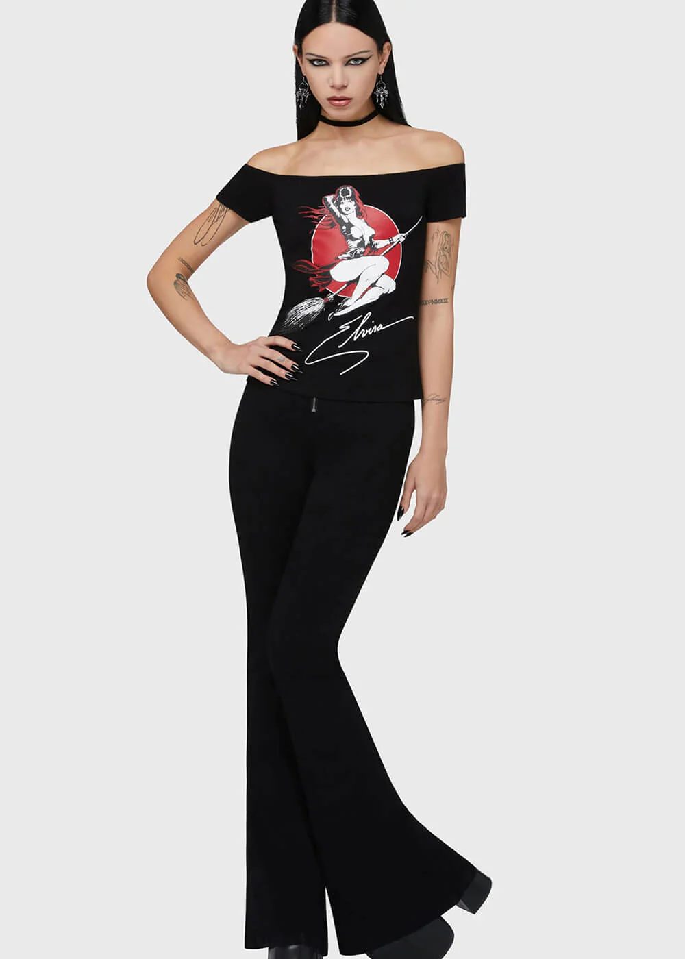 Killstar x Elvira Moonstruck Bardot Top Zwart – Image 4