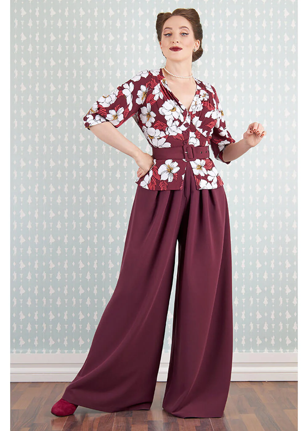 Miss Candyfloss Ladivina Bo Floral Jumpsuit Années 40 Vin – Image 6
