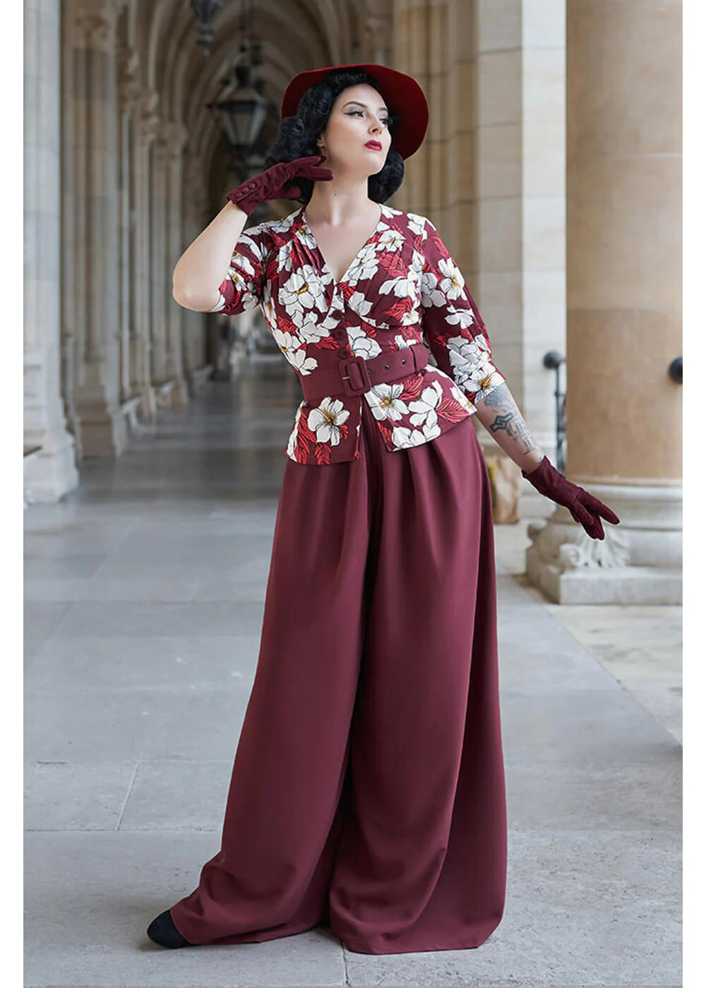 Miss Candyfloss Ladivina Bo Floral Jumpsuit Années 40 Vin
