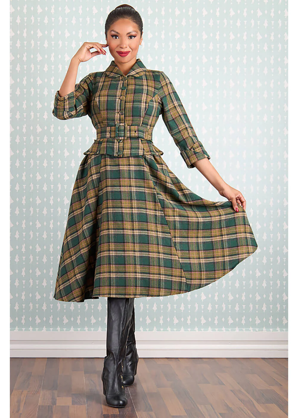 Miss Candyfloss Robe Swing Tartan Helioise des Années 40 Verte – Image 2