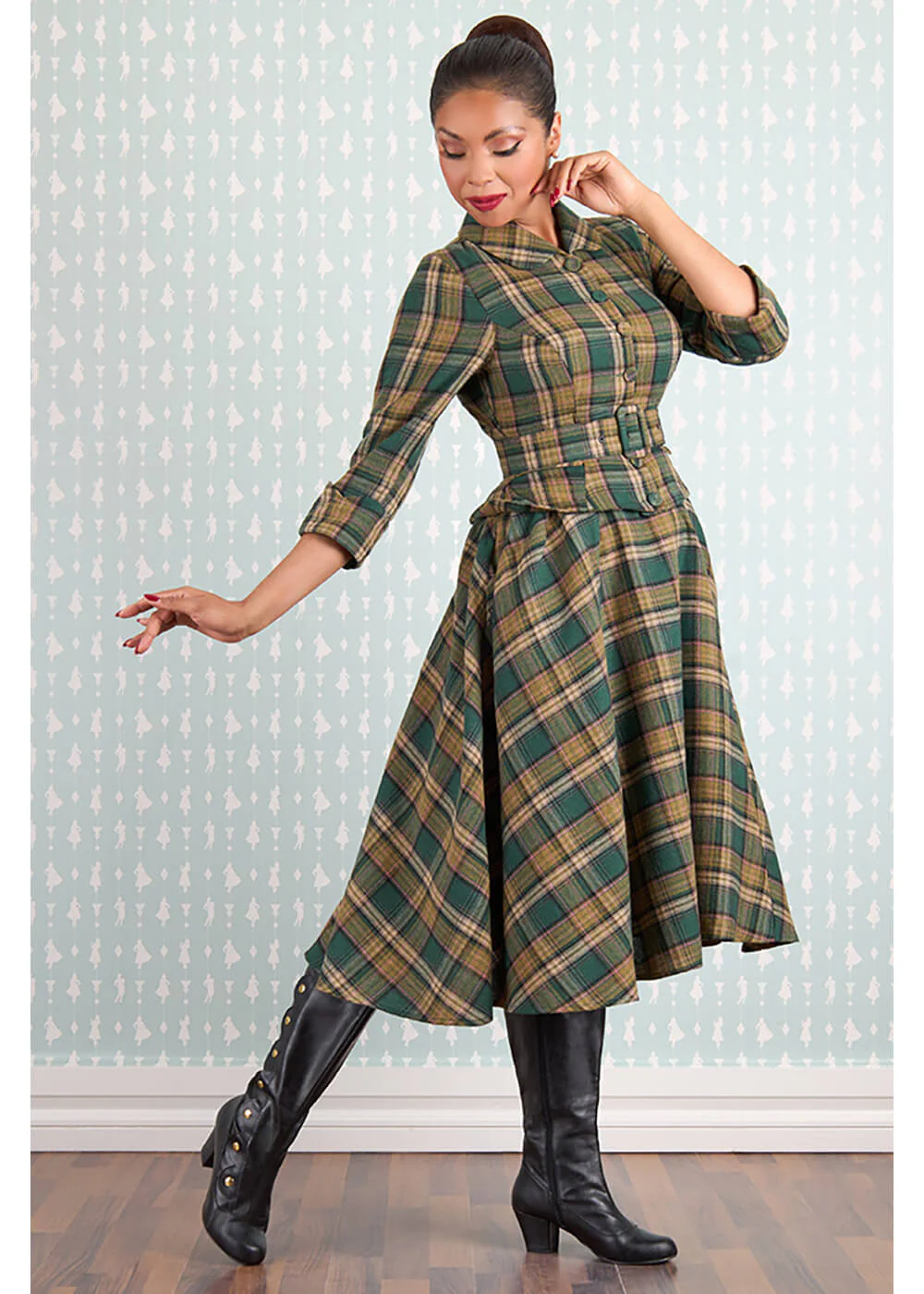 Miss Candyfloss Robe Swing Tartan Helioise des Années 40 Verte – Image 7