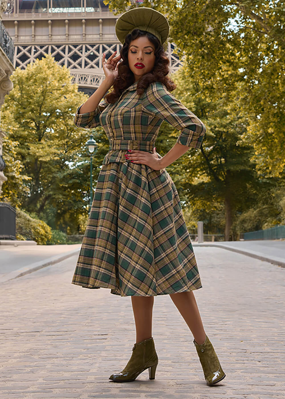 Miss Candyfloss Robe Swing Tartan Helioise des Années 40 Verte – Image 5