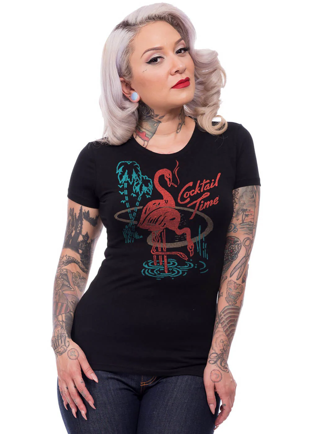 Steady Clothing Cocktail Time Flamingo Girly T-Shirt Zwart – Image 2