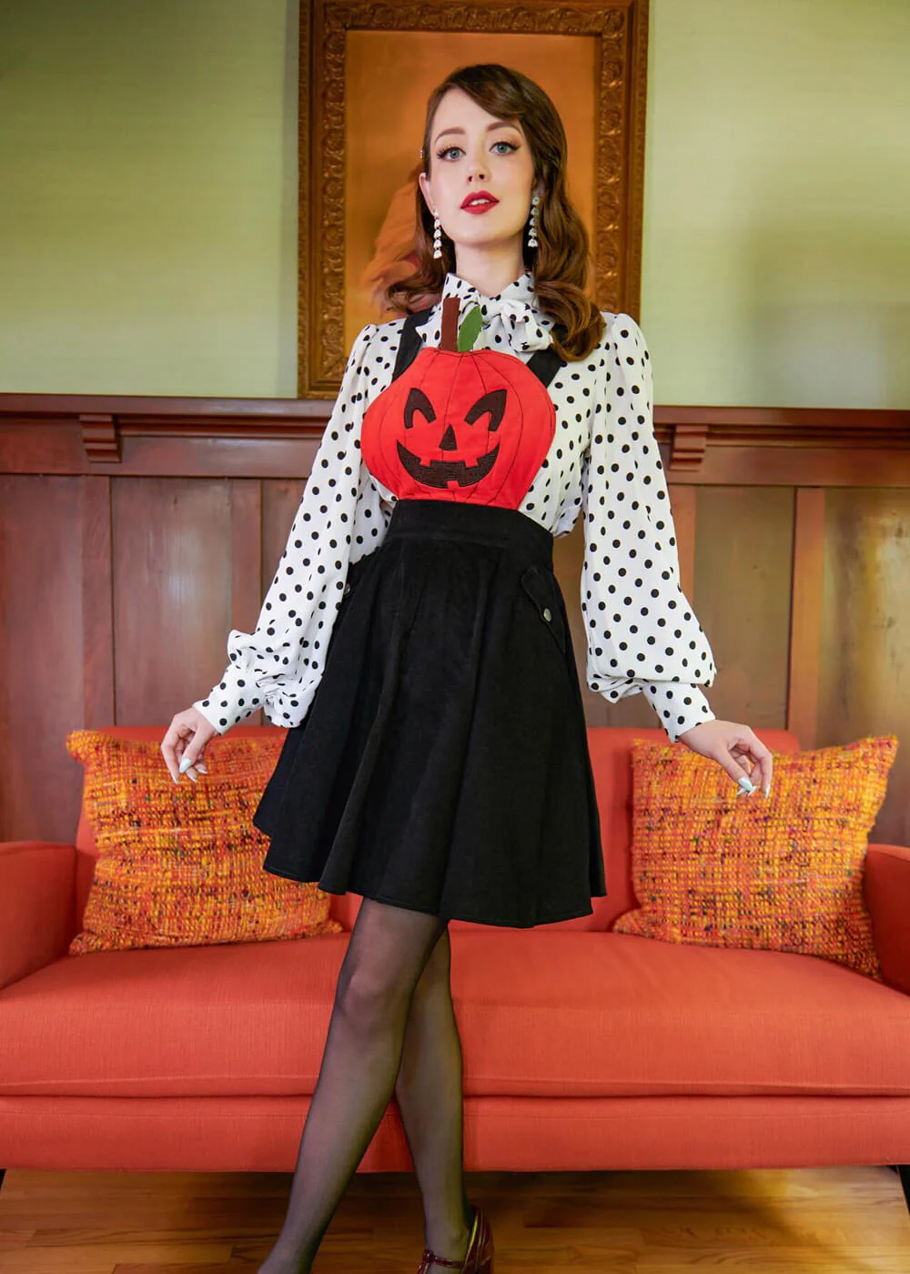 Unique Vintage Jack-O-Lantern Pinafore Robe Évasée Années 60 Noire Orange – Image 2