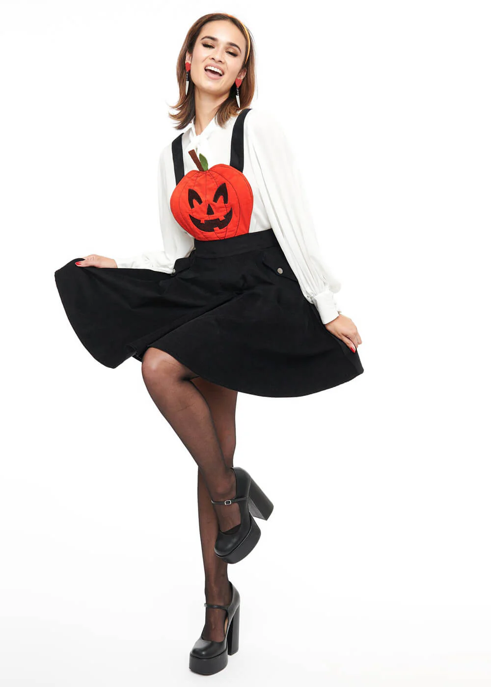 Unique Vintage Jack-O-Lantern Pinafore Robe Évasée Années 60 Noire Orange – Image 4
