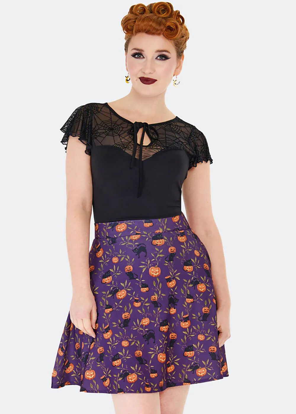 Voodoo Vixen Jupe Patineuse Années 60 Chats et Citrouilles Violette – Image 3
