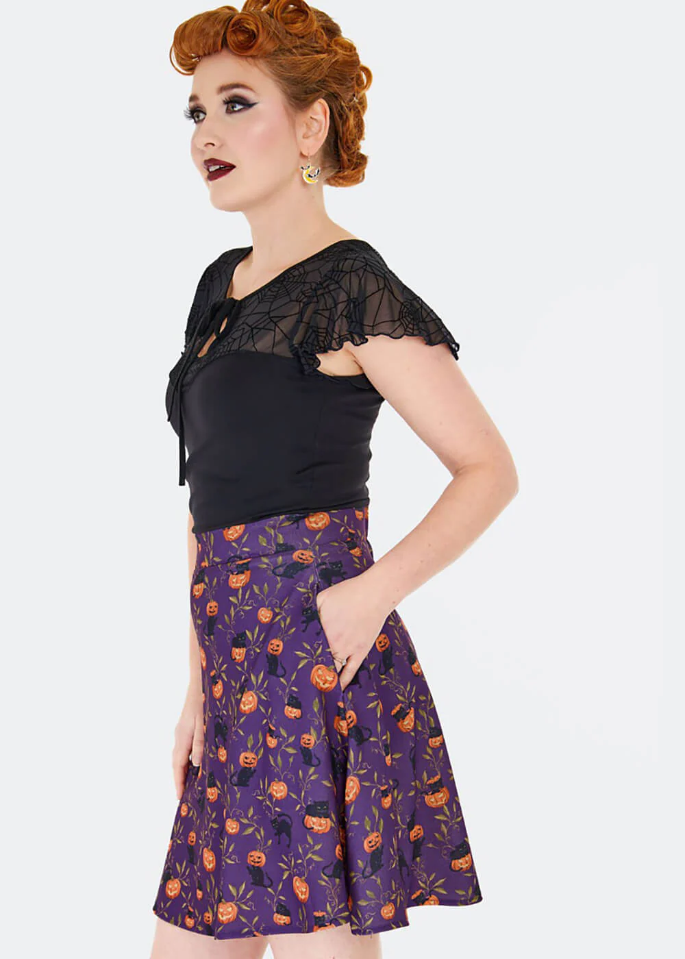 Voodoo Vixen Jupe Patineuse Années 60 Chats et Citrouilles Violette – Image 4