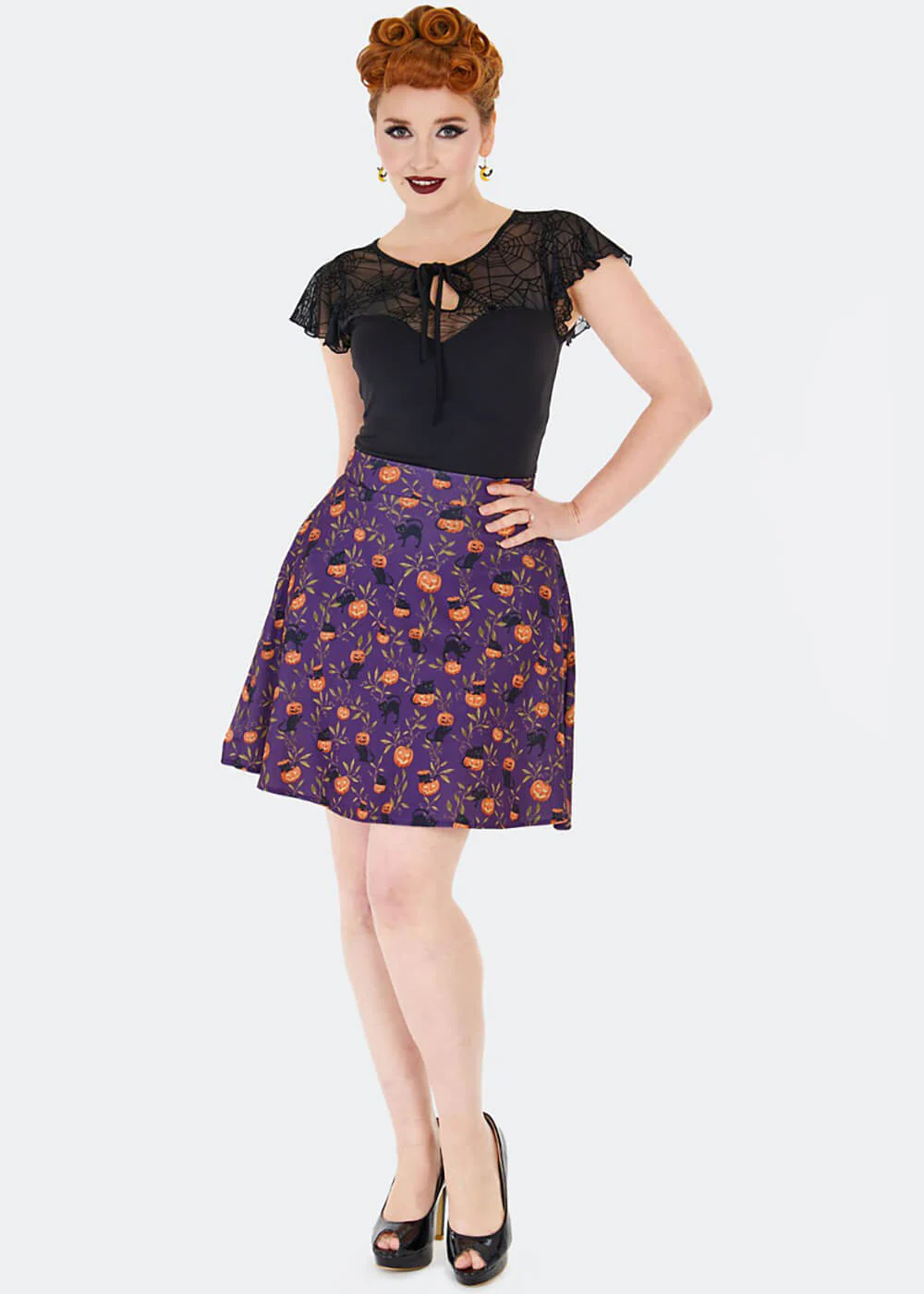Voodoo Vixen Jupe Patineuse Années 60 Chats et Citrouilles Violette – Image 5