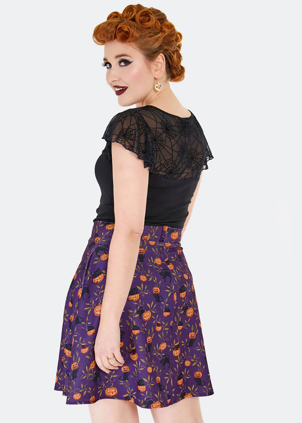 Voodoo Vixen Jupe Patineuse Années 60 Chats et Citrouilles Violette – Image 6